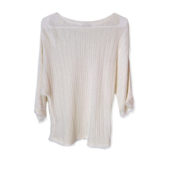Coldwater Creek Cream Linen Open Knit Dolman Sleeve Fringe Sweater Small Petite - Picture 2 of 7